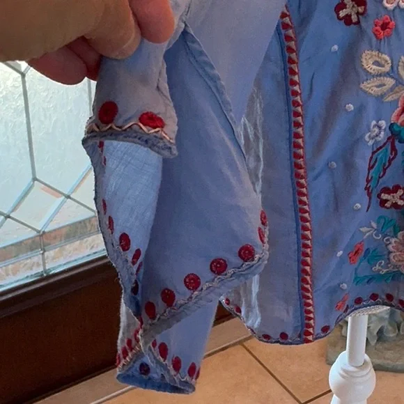 Johnny Was Oman Laceup Swing Blouse Embroidered Blue v neck small Top - Picture 8 of 12